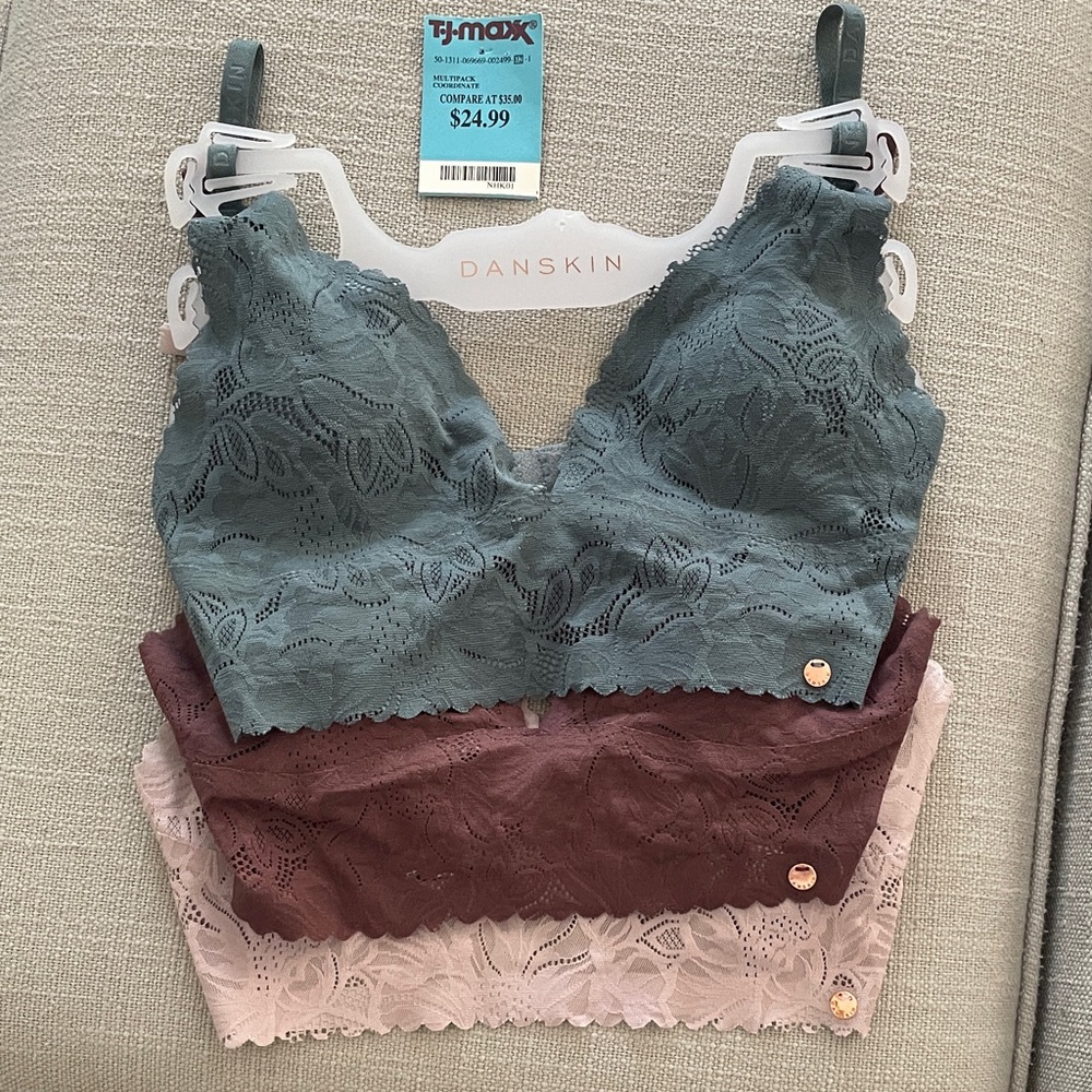 Danskin Lace Bralette Set - Sage Green, Mauve, Blush